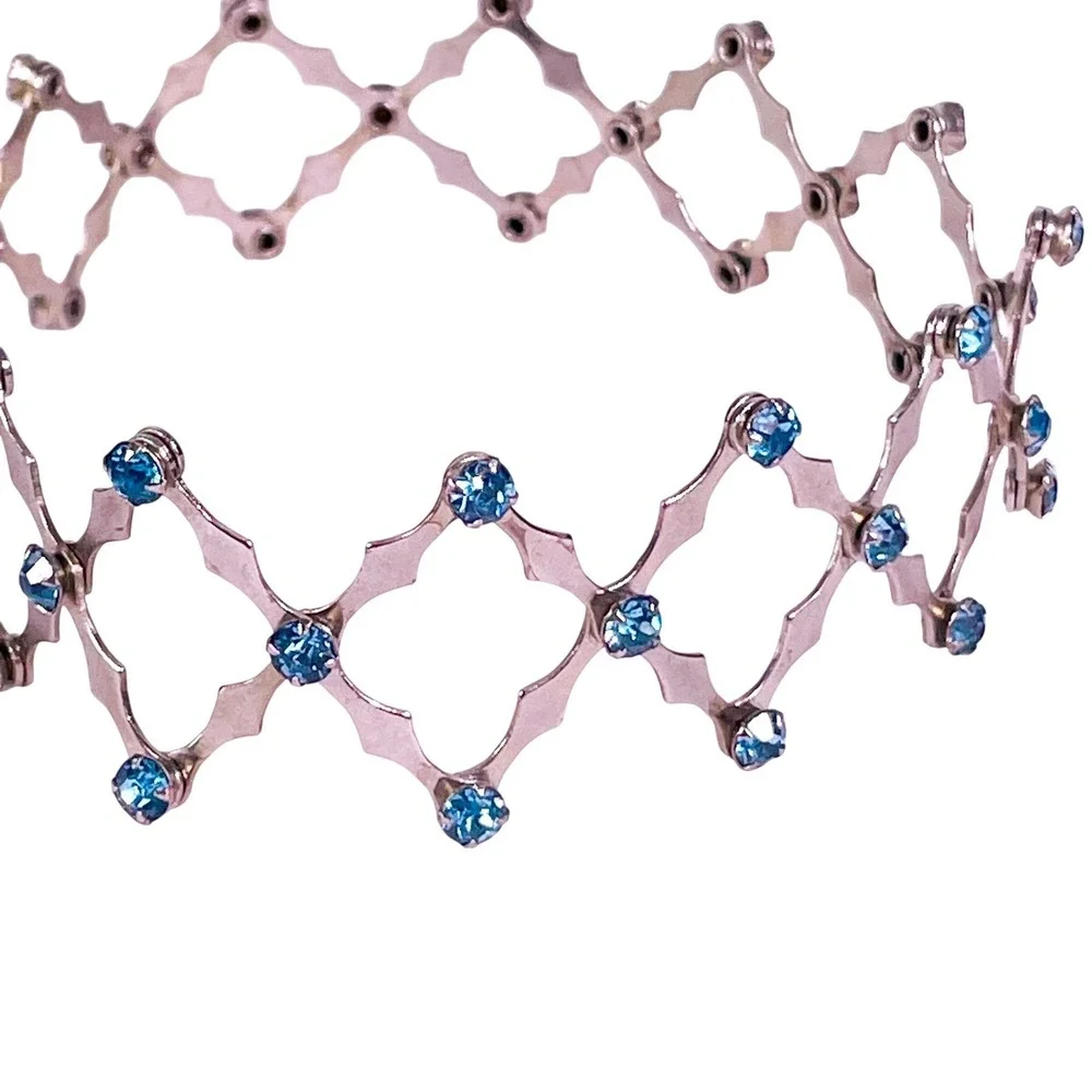 Vintage 1950s Expandable Chignon Hair Bun Cage‎ Silver Tone Blue Rhinestones